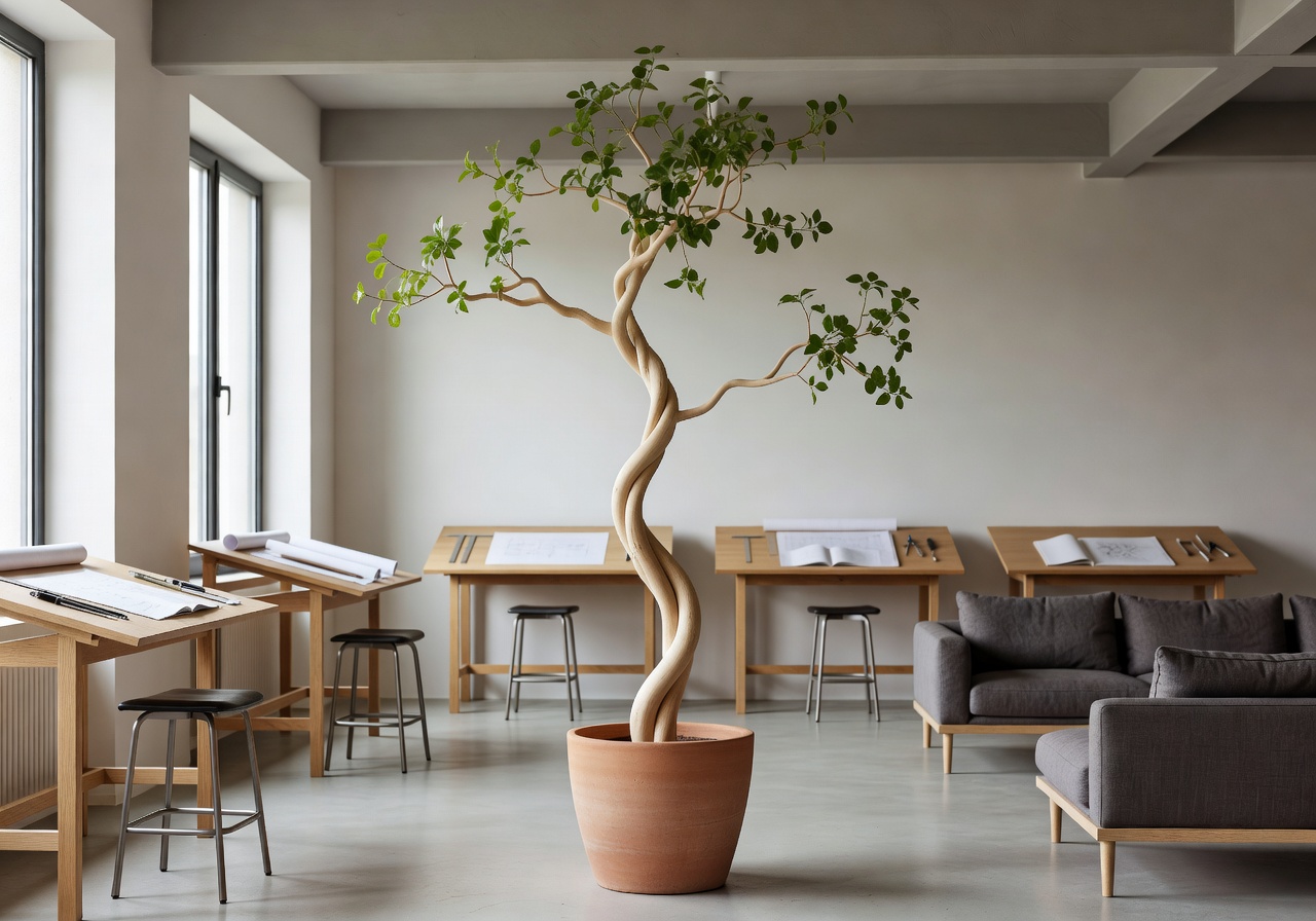 Architectural studio with sculptural indoor tree and natural light
