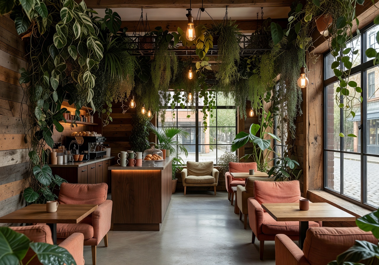 Boutique cafe interior with overhead trailing greenery