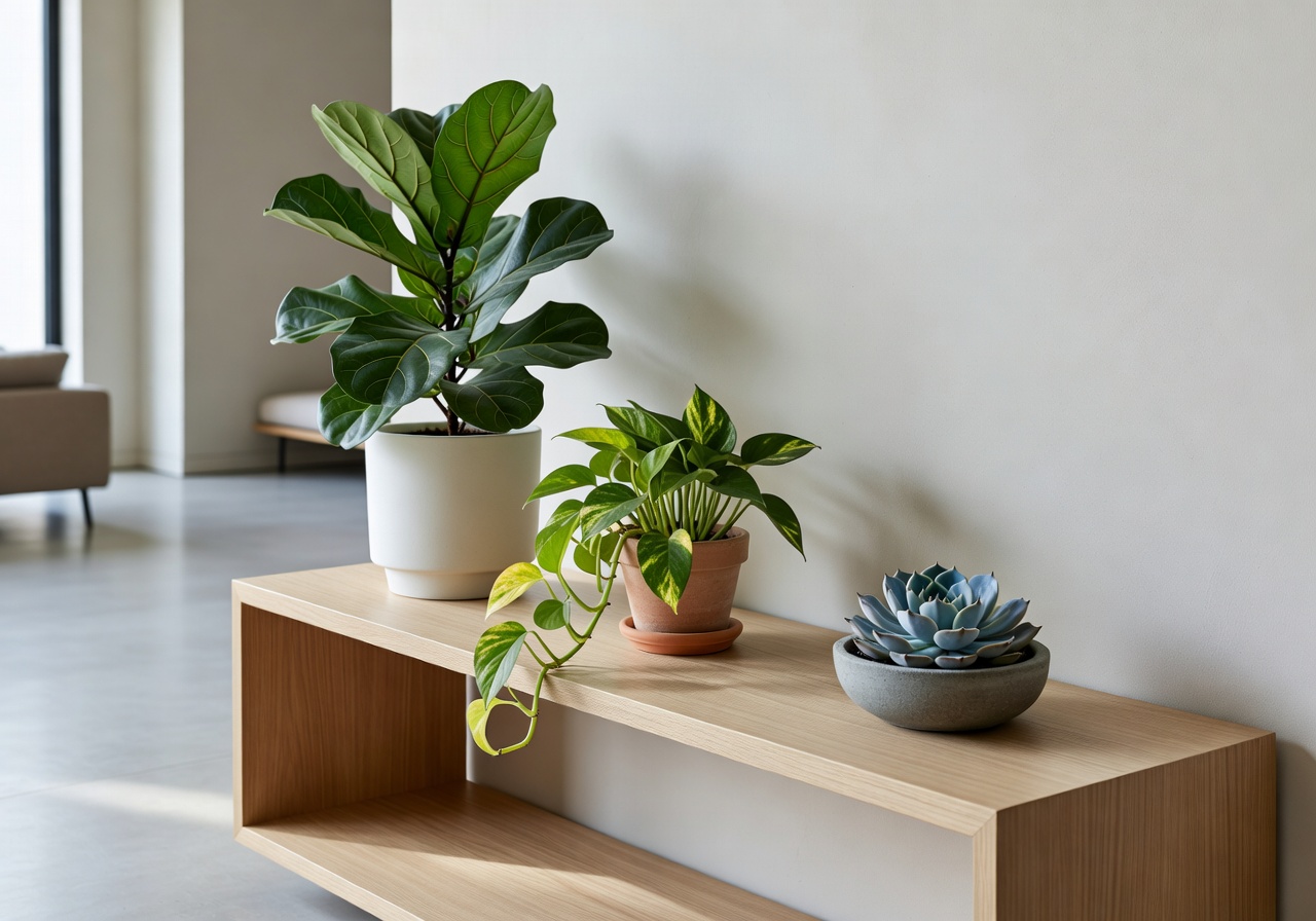 Curated plant styling on a wooden console in a modern home