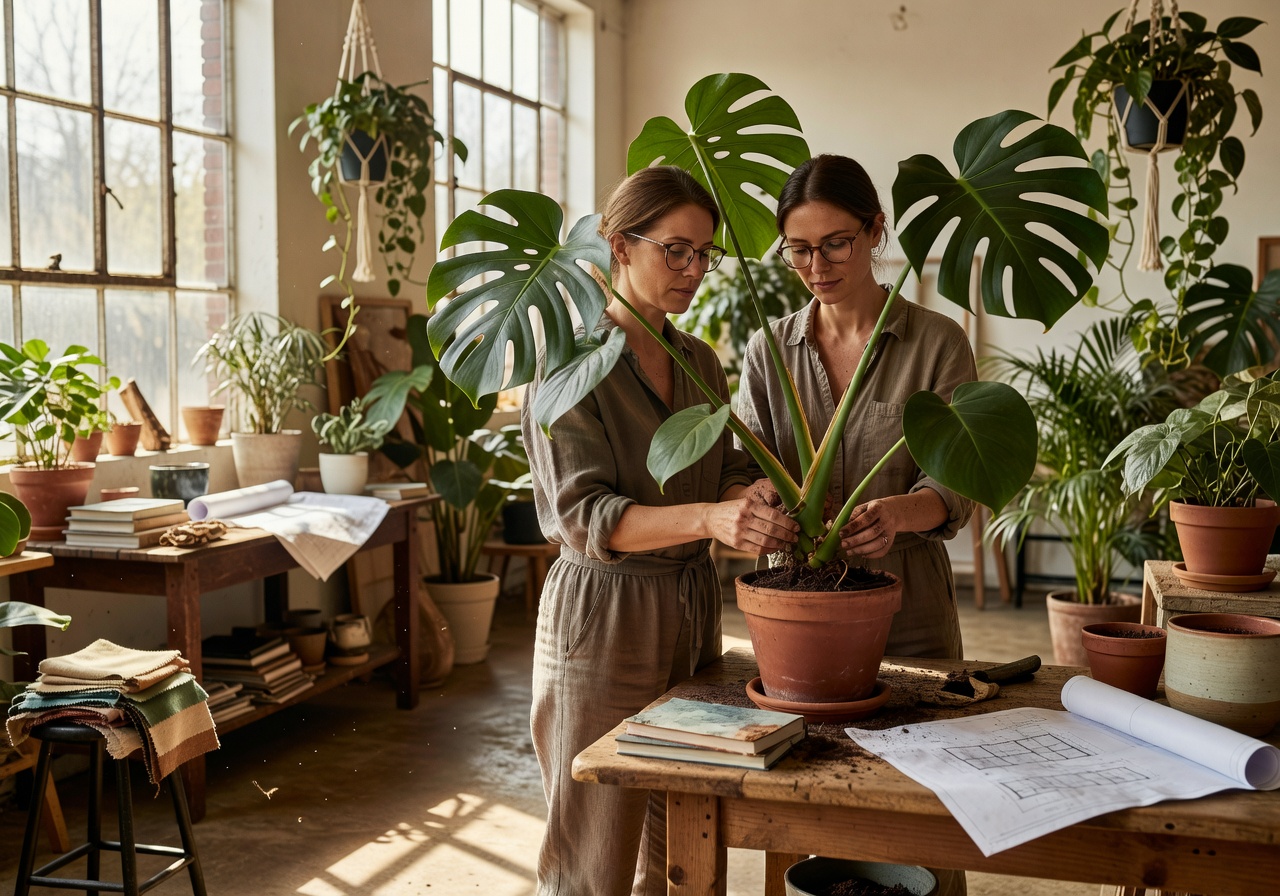Designer arranging a tropical plant in a sunlit studio