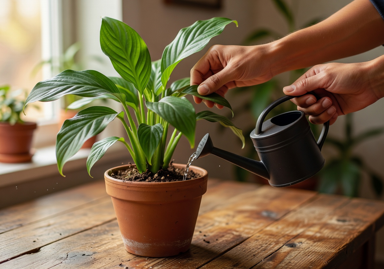Hands tending to a healthy potted houseplant