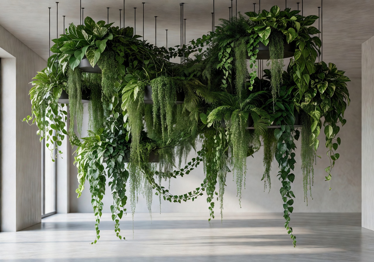 Large custom indoor plant installation with hanging vines
