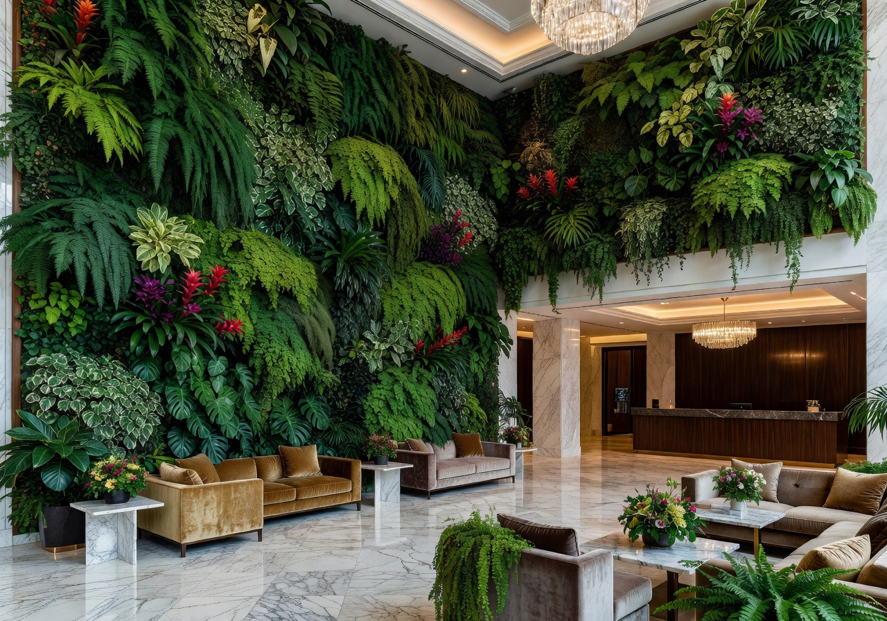 Living green wall installation in a luxury hotel lobby
