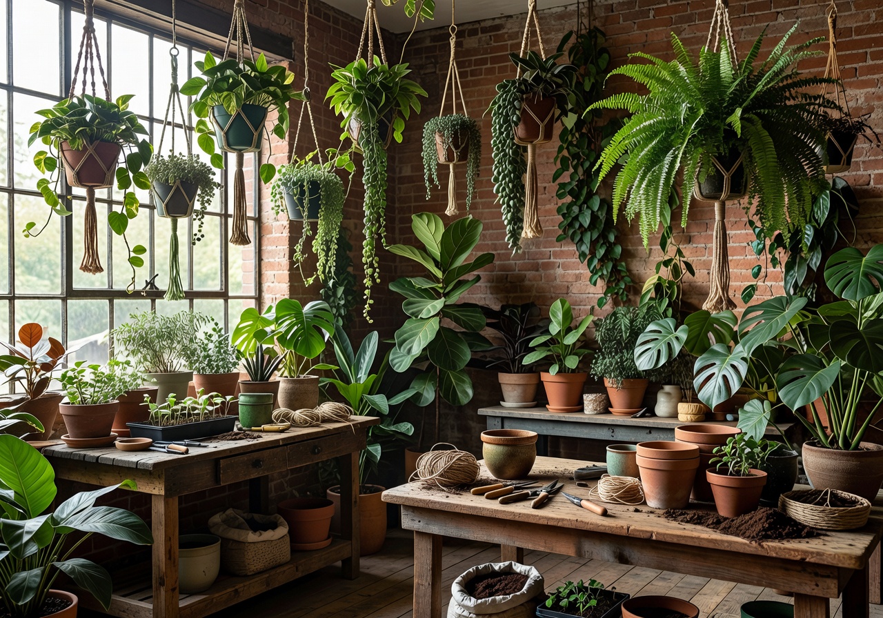 Lush indoor plant atelier with hanging greenery and natural light