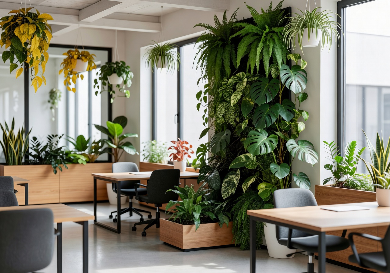 Modern office workspace with greenery integrated into the design