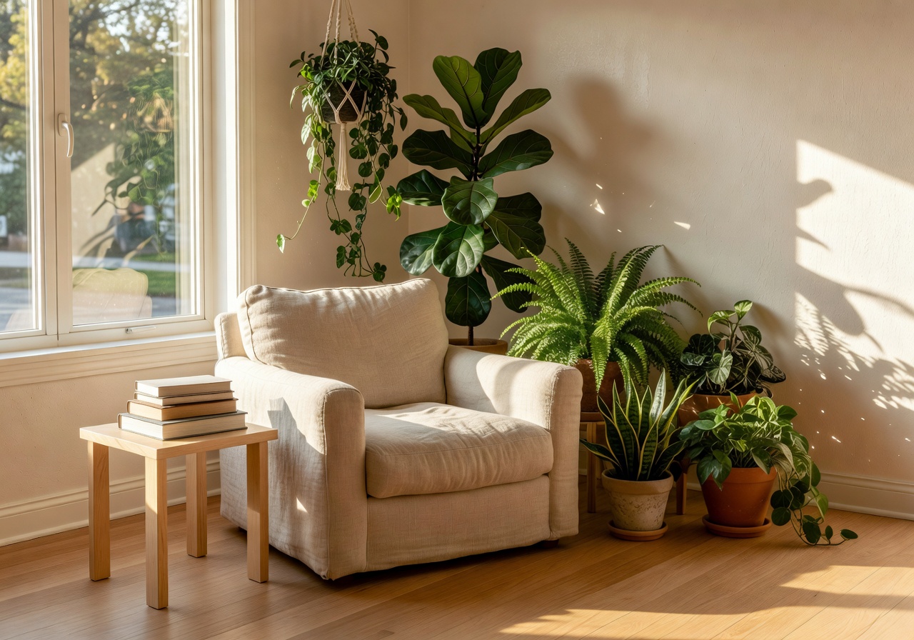 Sunlit residential reading nook with curated plant arrangement